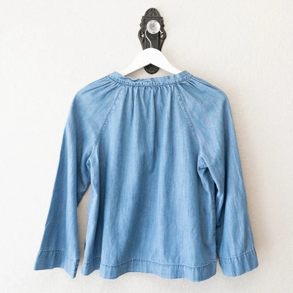 Madewell Chambray Top XS Blue Cotton Lyocell Tie Neck Boho Lightweight Blouse - Picture 8 of 12